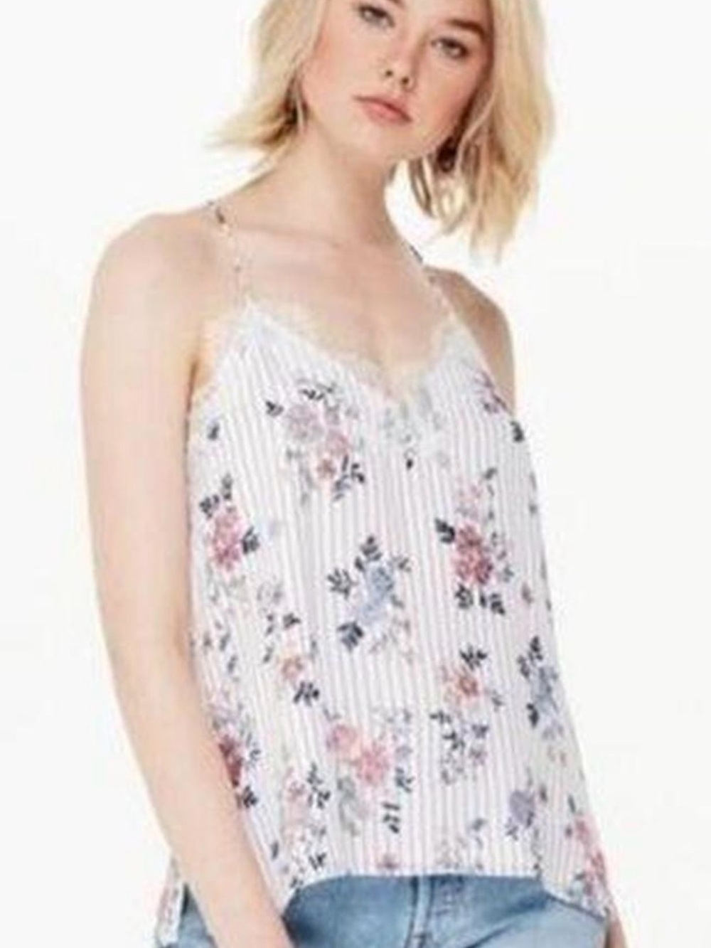100% Silk Floral Lace Trim Striped Cami Tank Top - lined. Size small